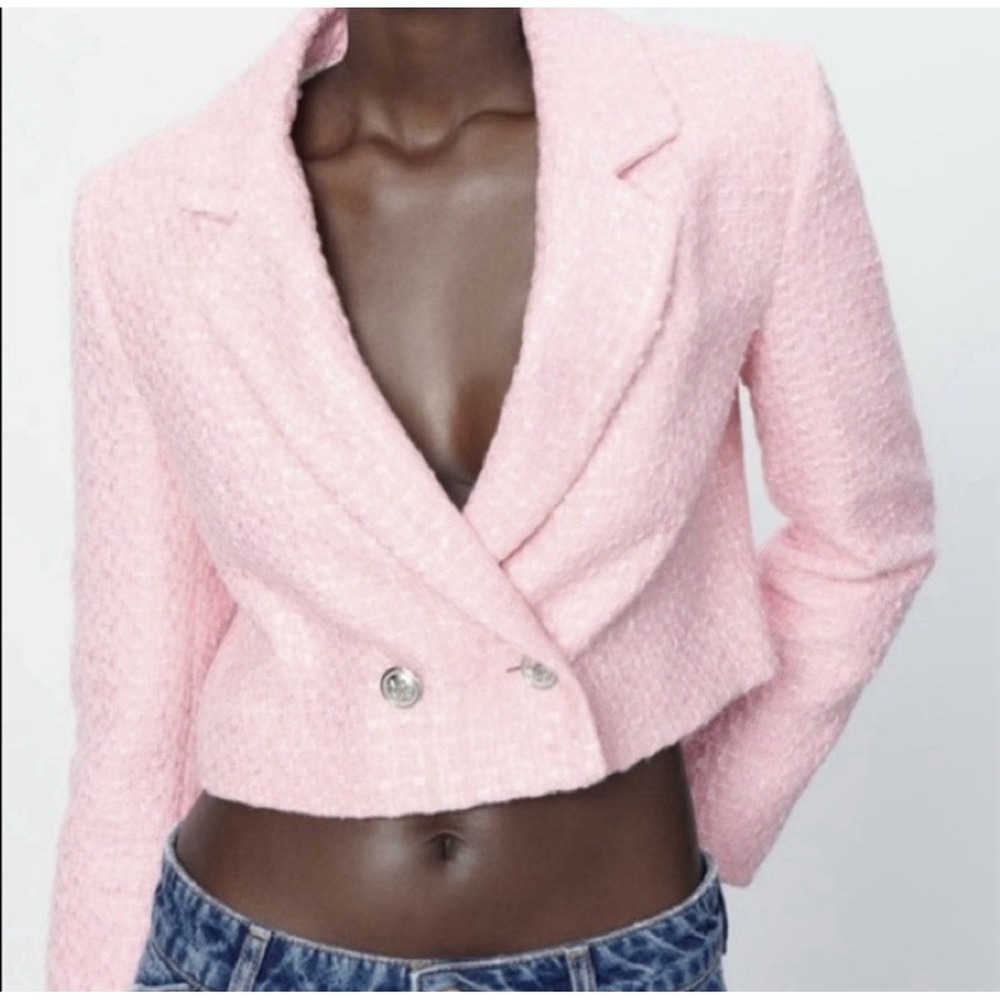 ZARA Blazer Women's Size M Pink Tweed Cropped Jacket Preppy Classy Textured Twee